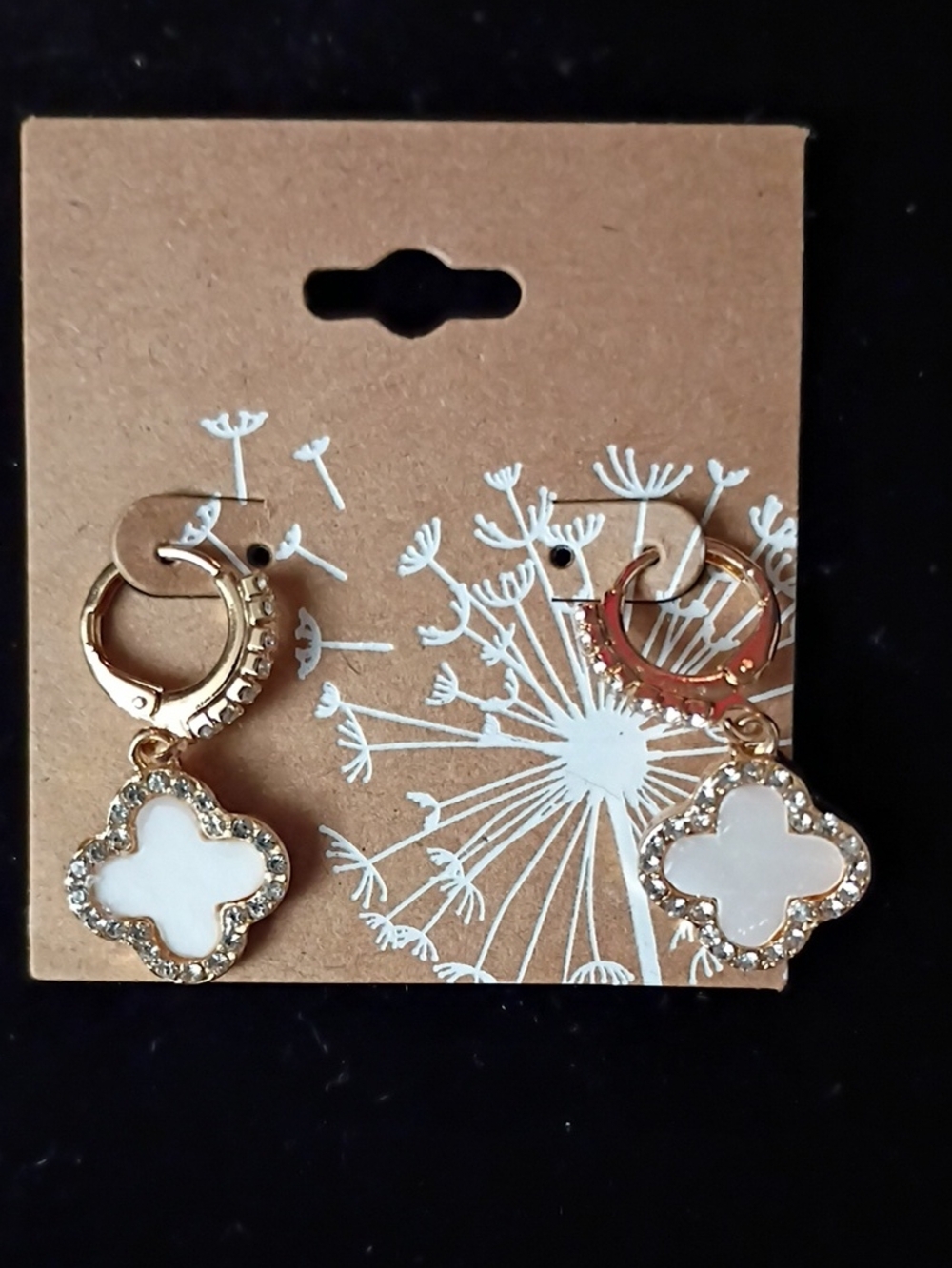 Gold-Tone White Clover Drop Earrings with Crystal Trim